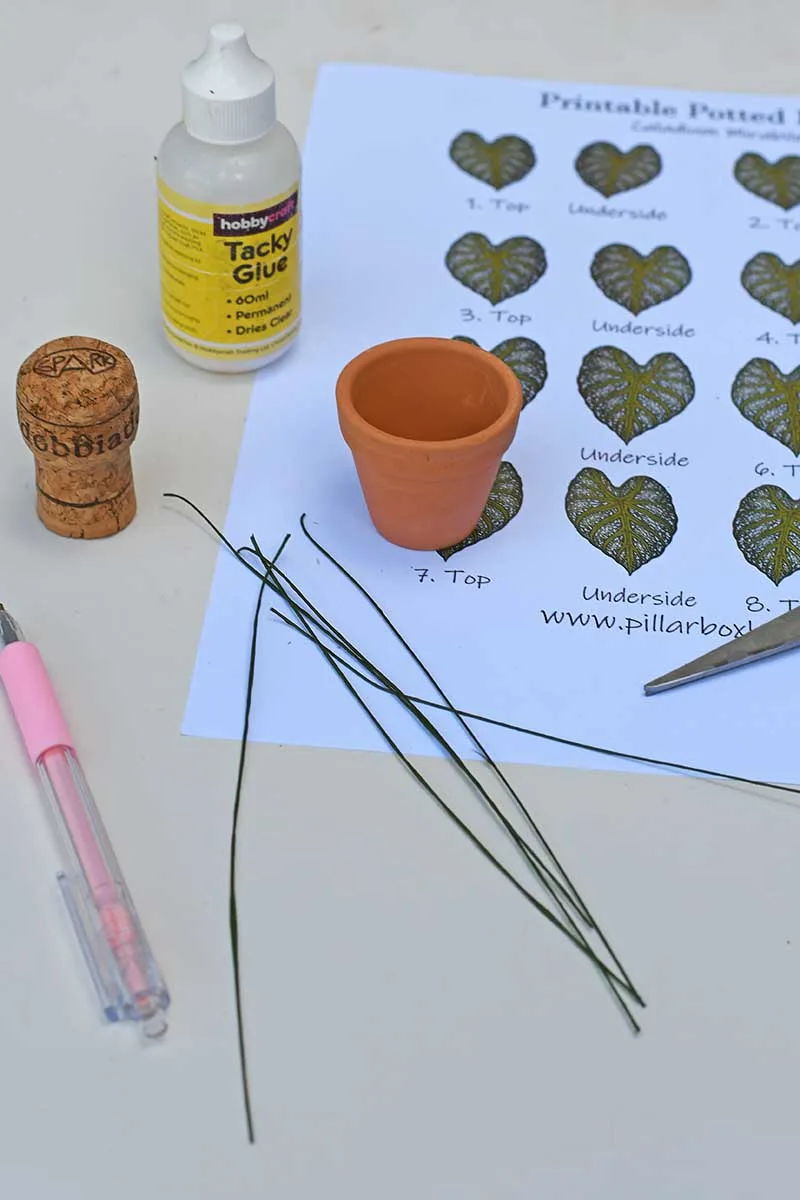 printable paper plant, floristry wire, mini terracotta pot, cork and glue and paper cutting pen