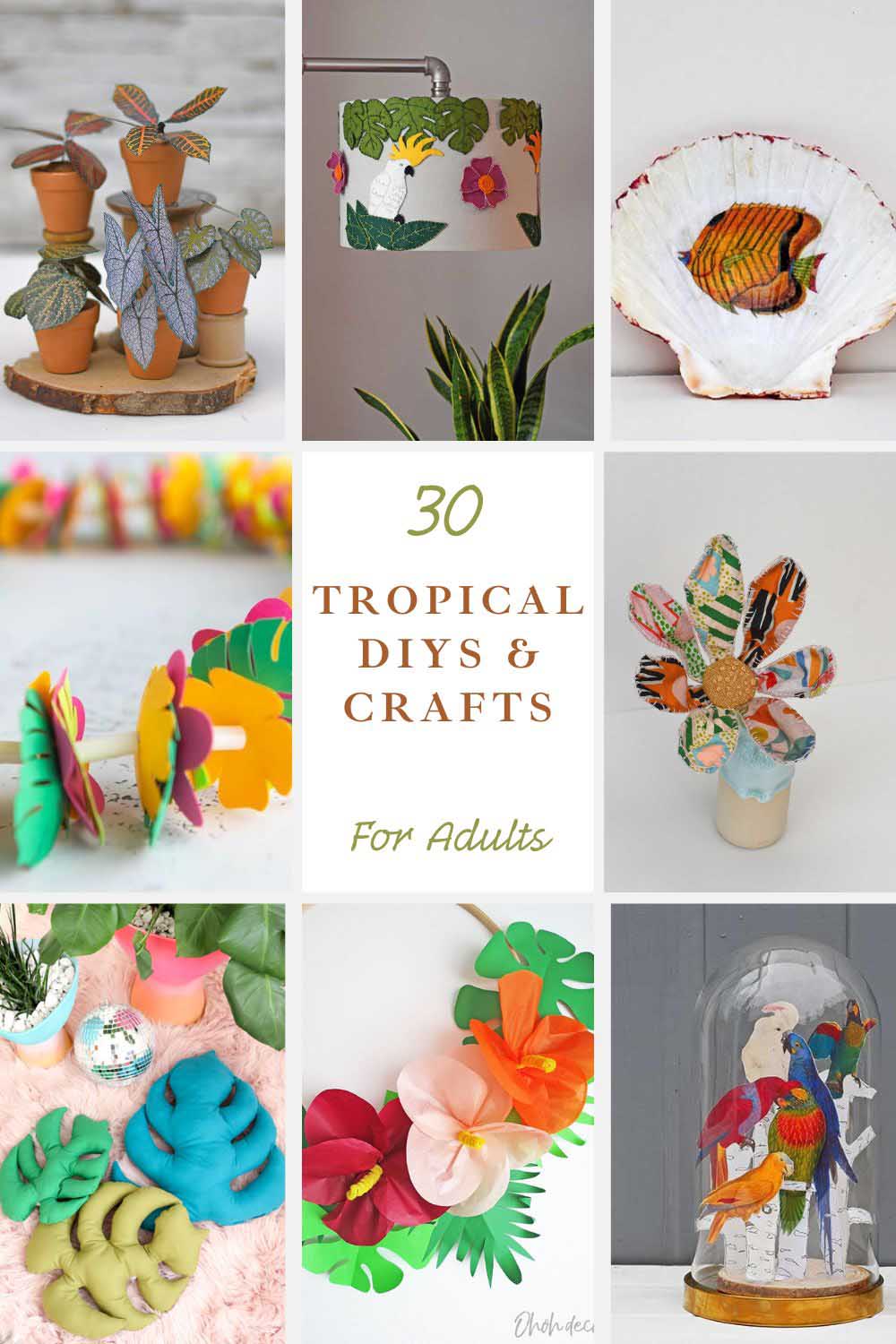 collage of tropical themed crafts from leis, to flowers, plants, pillows, parrots and decorated shells