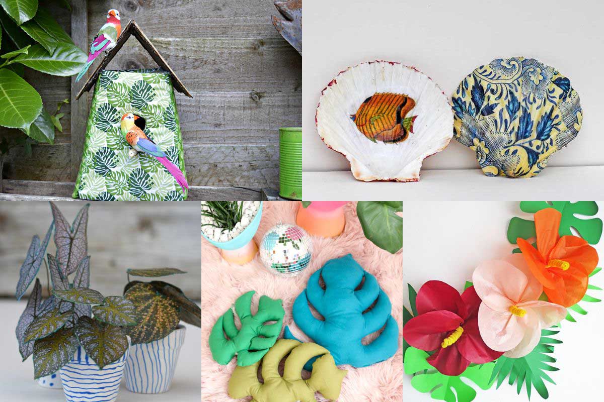 collage of tropical diys and crafts for home from bird house, decoupage shells, leaf cushions and paper plants and flowers